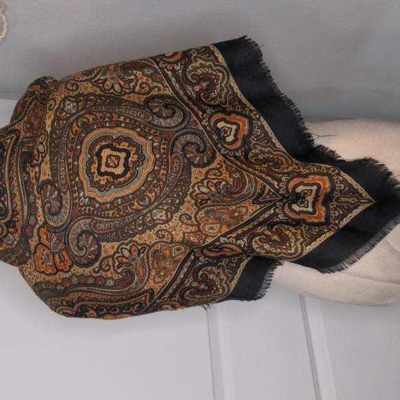 Vintage Paisley Scarf Brown & Black Winter Preppy Large Shawl Fringe Edges - Picture 3 of 8